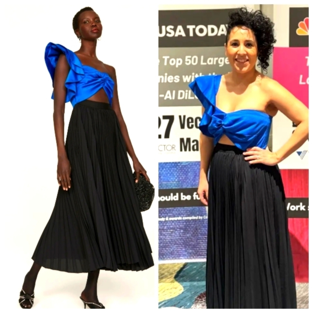 AMUR Cleopatra Pleated Dress Women's 10 Blue Black Maxi Dress Golden 8